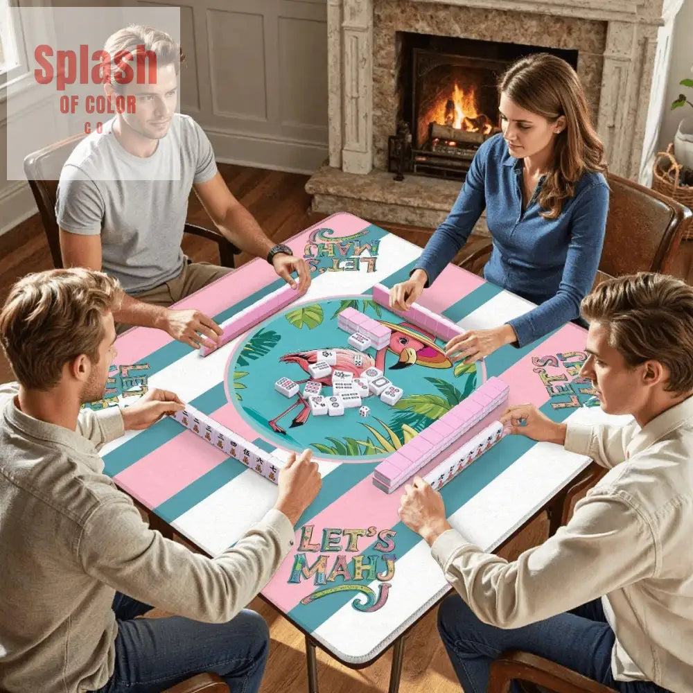 Mahjong Mat Palm Beach Florida Flamingo Whimsical Pink Teal Striped Let’s Mahj Game Mat - 31.5’’x31.5’’