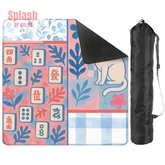 Mahjong Mat Preppy Pink Blue Gingham Mahj Tiles White Cat Mahj Mat - 31.5’’x31.5’’ - Daily Accessories