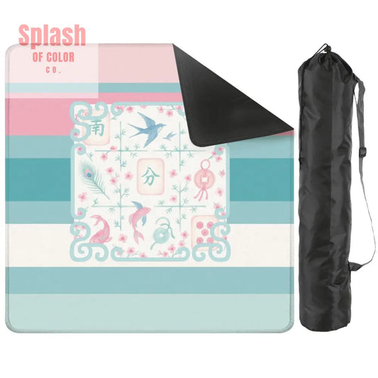 Mahjong Mat Preppy Pink Teal Blue Watercolor Tile Floral Game Mat 31.5’’x31.5’’ Daily Accessories