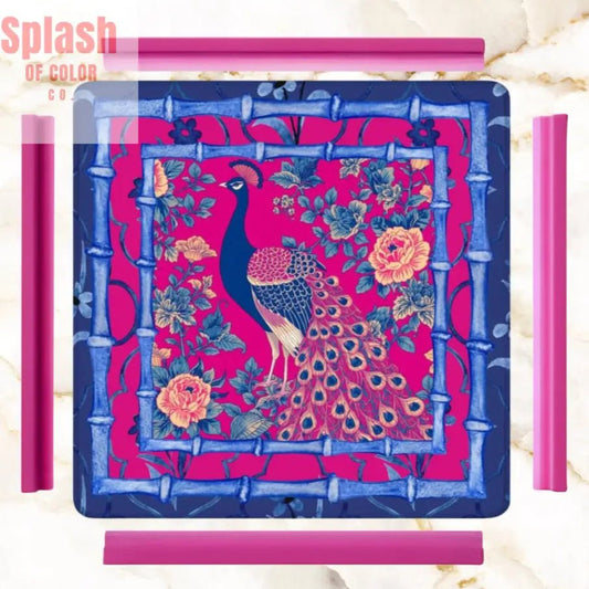 Mahjong Mat, Royal Blue, Fushcia Pink Floral Peacock Mahj Game Mat - Splash of Color co.