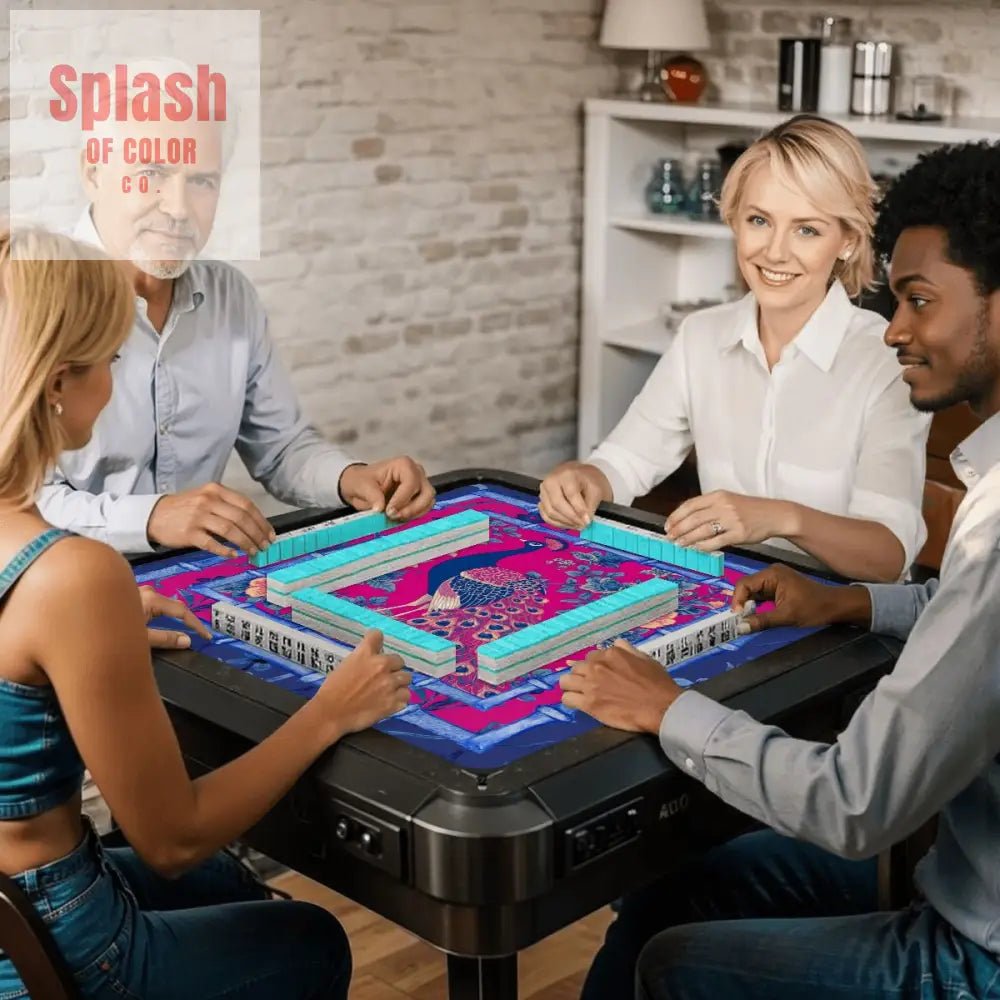 Mahjong Mat, Royal Blue, Fushcia Pink Floral Peacock Mahj Game Mat - Splash of Color co.