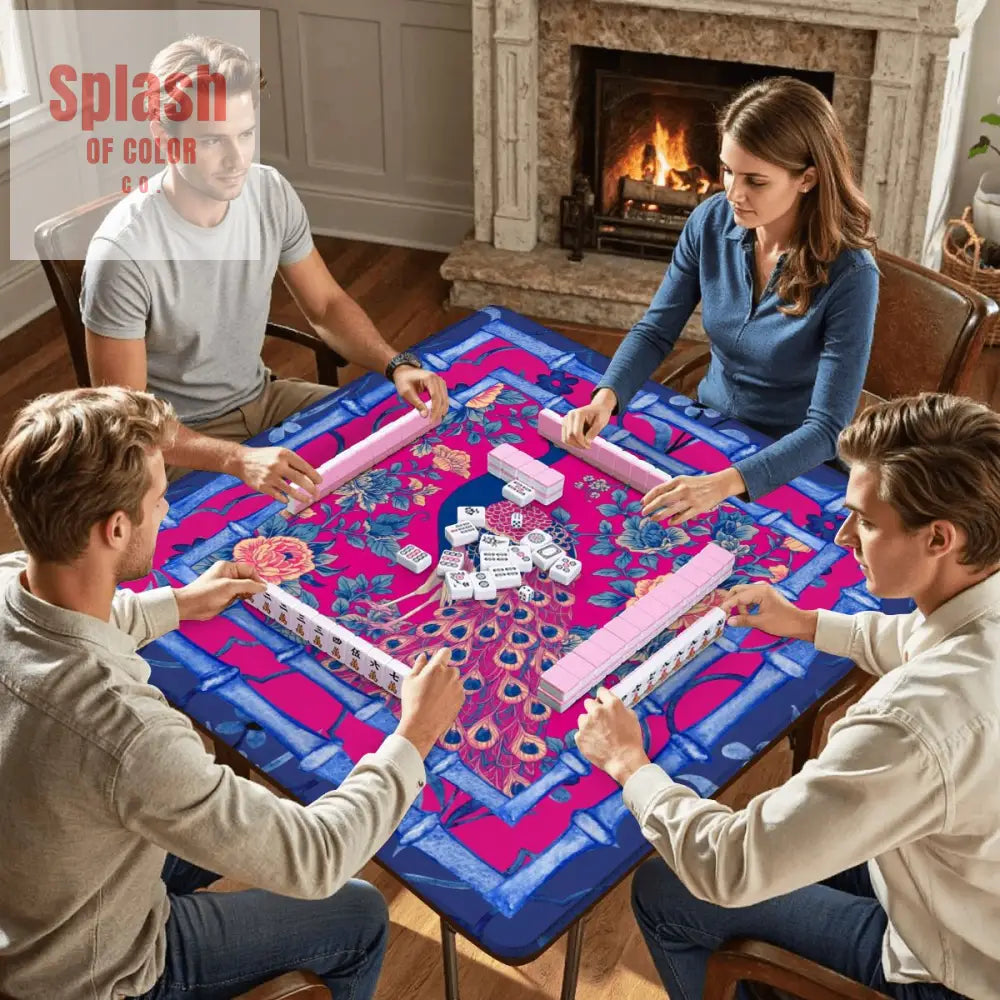 Mahjong Mat Royal Blue Fushcia Pink Floral Peacock Mahj Game Mat Daily Accessories