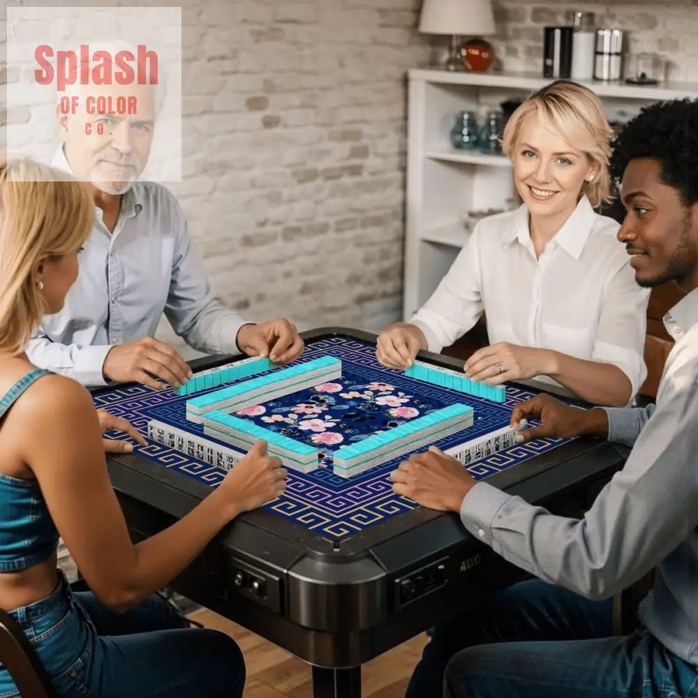 Mahjong Mat Royal Blue Pink Floral Heritage Greek Key Border Preppy Mahj Game Mat - Splash of Color co.