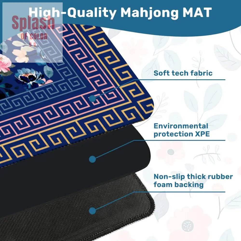 Mahjong Mat Royal Blue Pink Floral Heritage Greek Key Border Preppy Mahj Game Mat Daily Accessories
