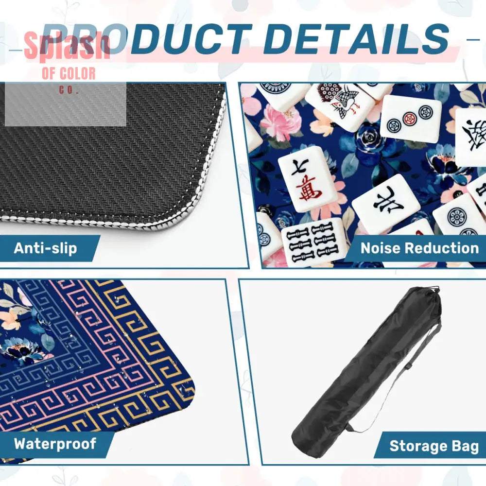 Mahjong Mat Royal Blue Pink Floral Heritage Greek Key Border Preppy Mahj Game Mat Daily Accessories