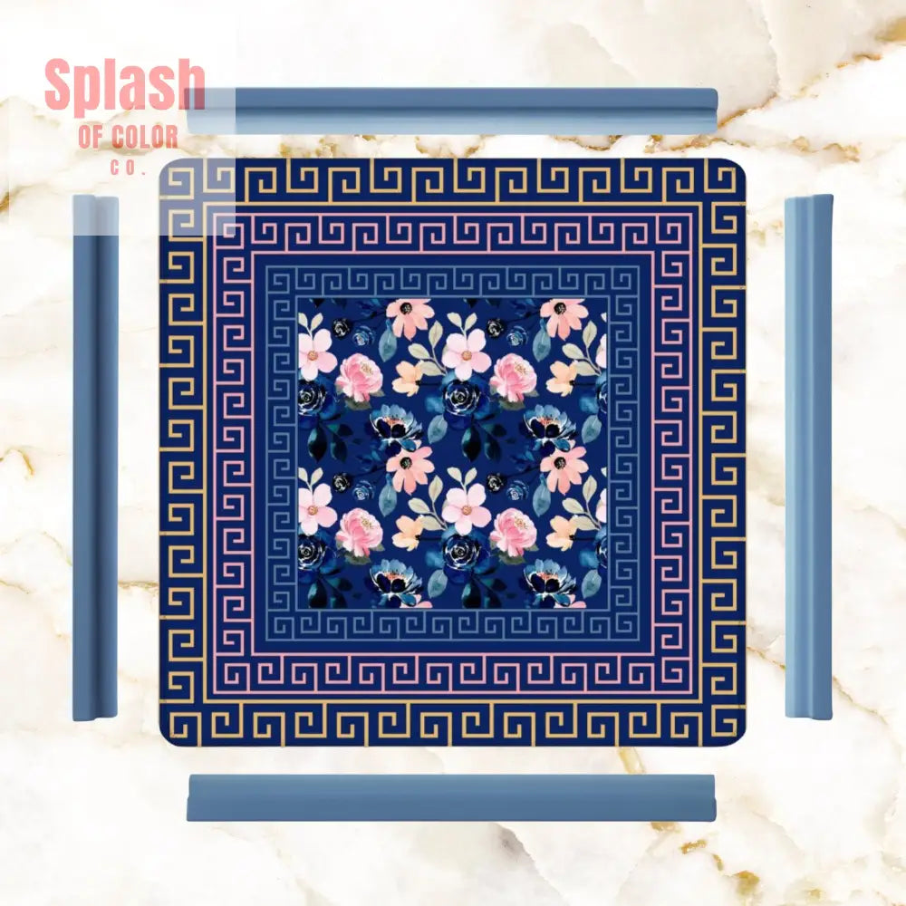 Mahjong Mat Royal Blue Pink Floral Heritage Greek Key Border Preppy Mahj Game Mat Daily Accessories