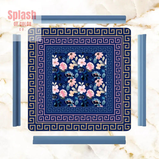 Mahjong Mat Royal Blue Pink Floral Heritage Greek Key Border Preppy Mahj Game Mat - Splash of Color co.