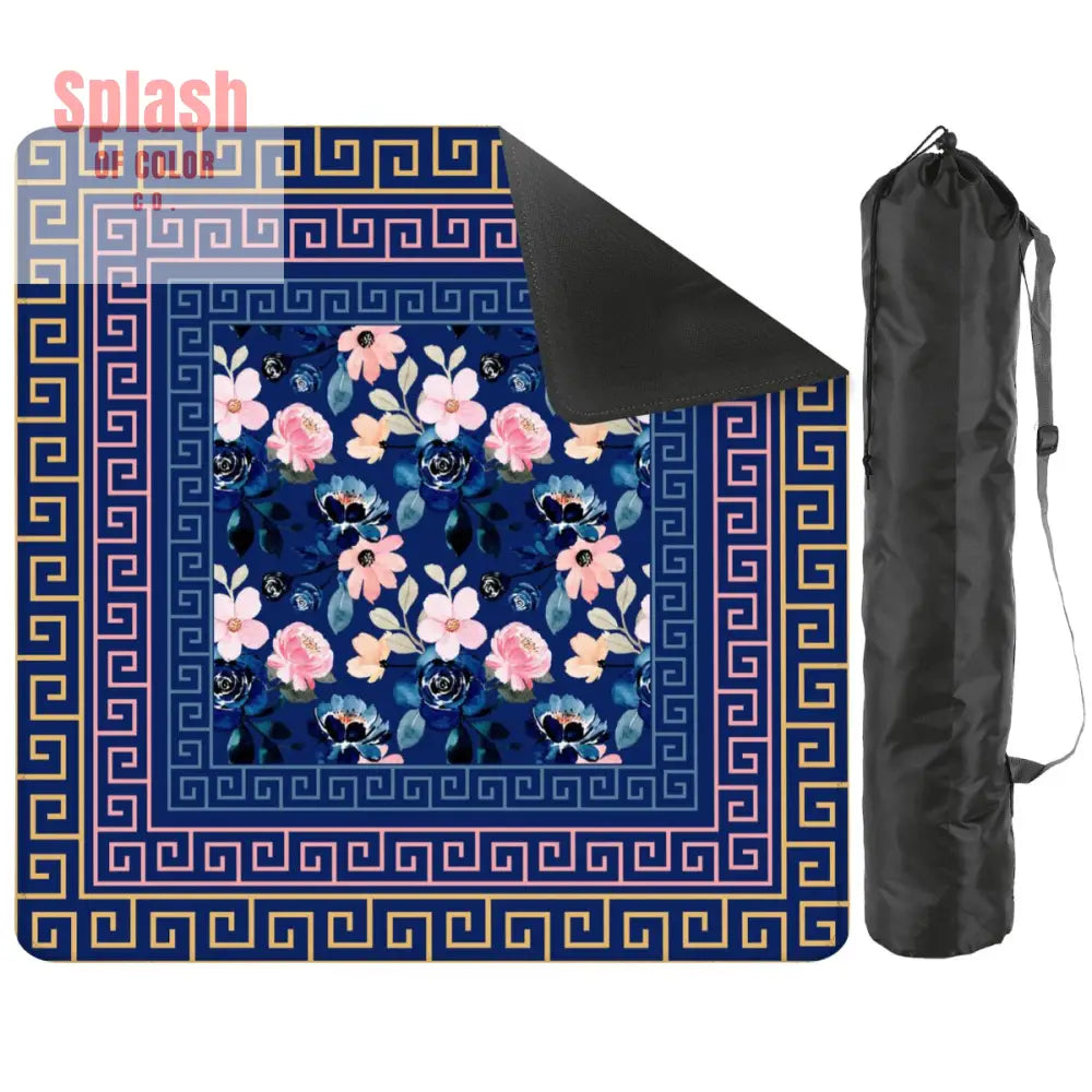 Mahjong Mat Royal Blue Pink Floral Heritage Greek Key Border Preppy Mahj Game Mat 2mm (Black Bag) Daily Accessories