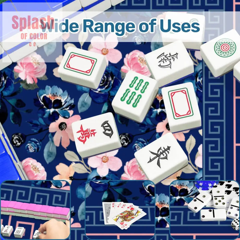 Mahjong Mat Royal Blue Pink Floral Heritage Greek Key Border Preppy Mahj Game Mat Daily Accessories