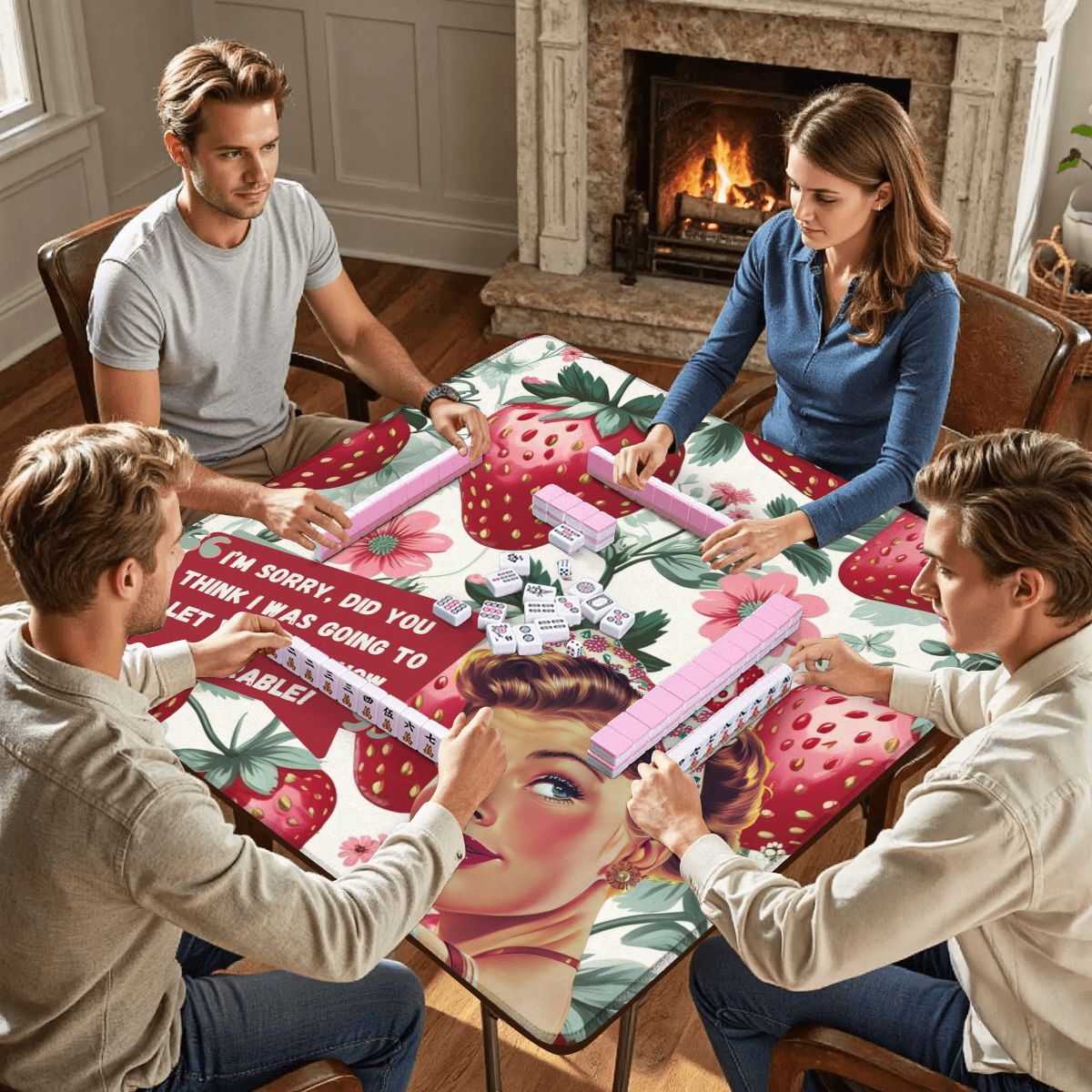 Mahjong Mat Sassy Fun Vintage Gal Strawberry Fields Snarky Mahj Mat - 31.5’’x31.5’’ - Daily Accessories