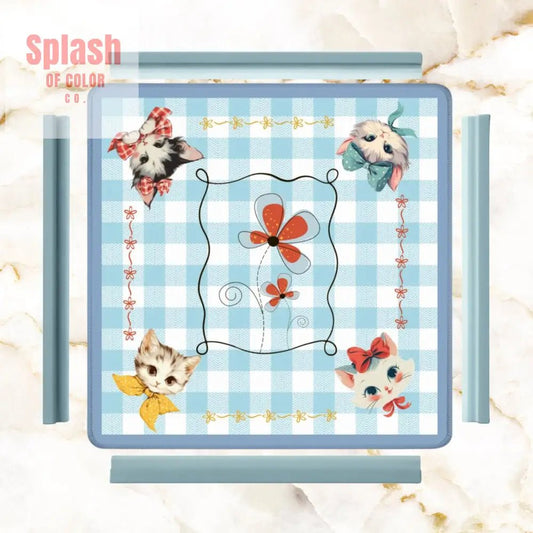 Mahjong Mat Vintage Whimsical Kittens, Blue White Gingham Preppy Check Mahj Mat - Splash of Color co.