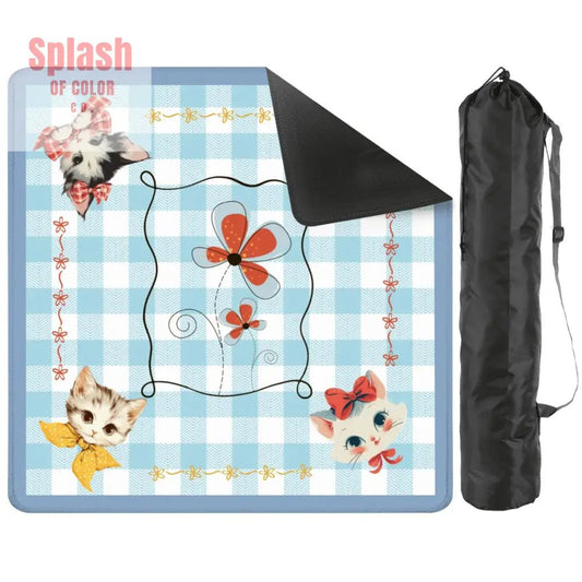 Mahjong Mat Vintage Whimsical Kittens, Blue White Gingham Preppy Check Mahj Mat - Splash of Color co.