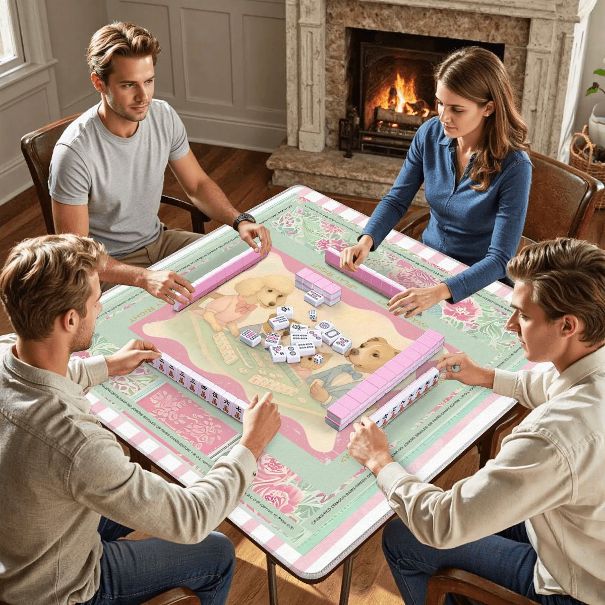 Mahjong Mat Watercolor Dogs Playing Mahjong Cute Preppy Quirky Learning Mahj Mat - 31.5’’x31.5’’ - Daily Accessories