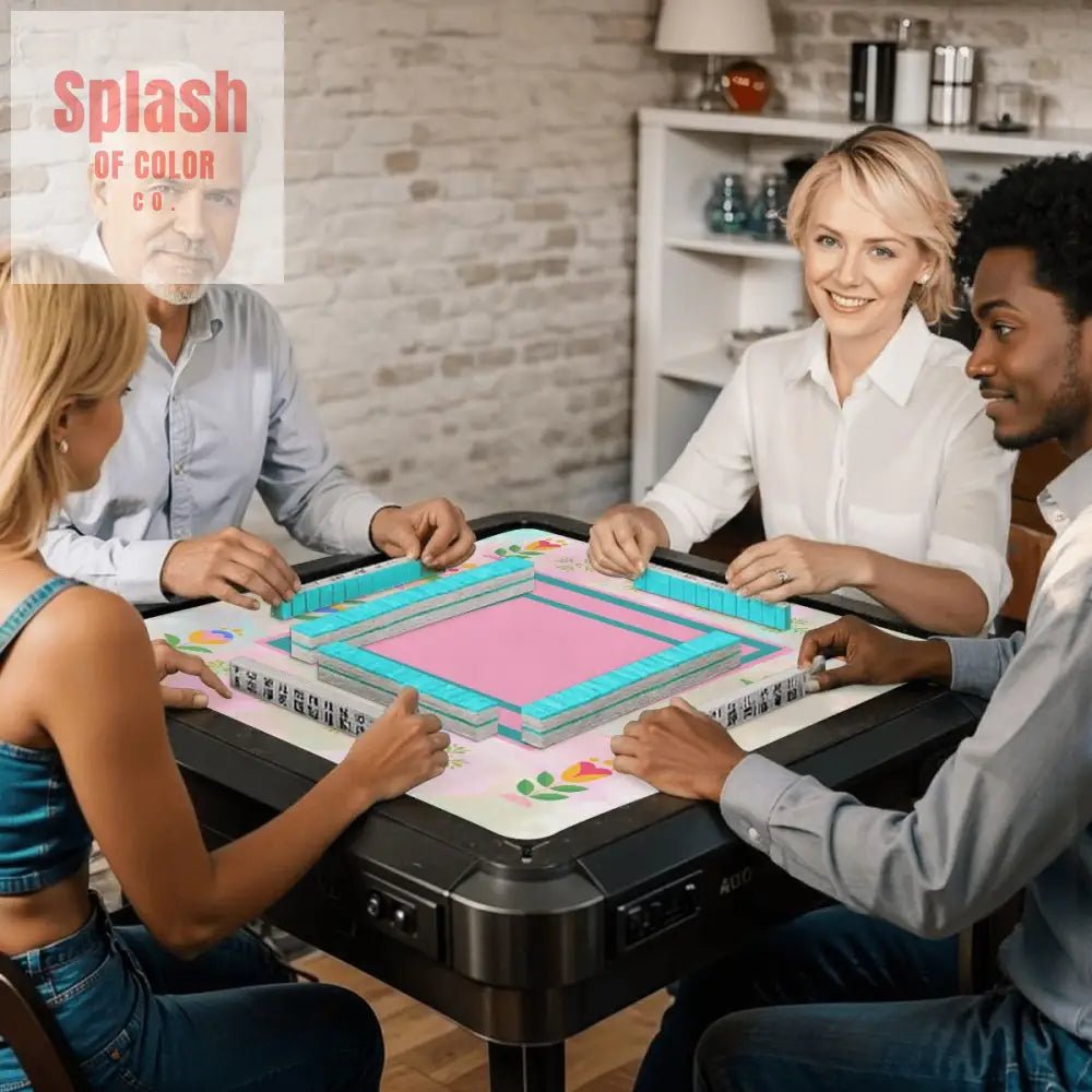 Mahjong Mat Watercolor Preppy Pink Green Teal Scandinavian Floral Mahj Mat - 31.5’’x31.5’’ - Daily Accessories