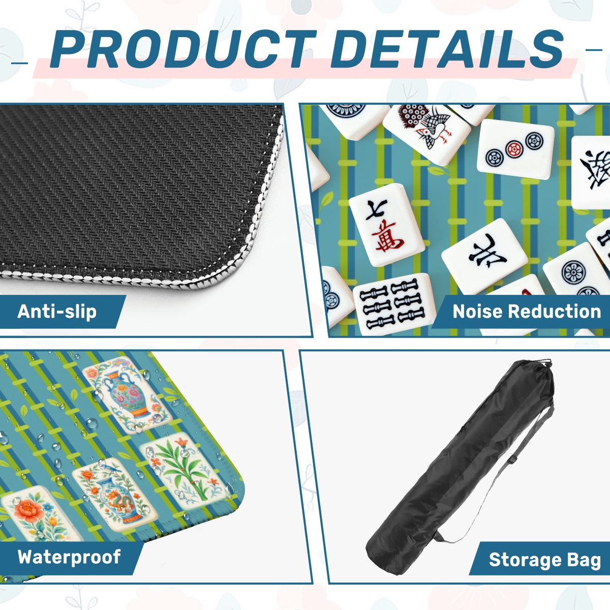 Mahjong Mat With Floral Tiles Preppy Bamboo Design Green And Blue Mahj Game Play Mat - 31.5’’x31.5’’ - Daily Accessories