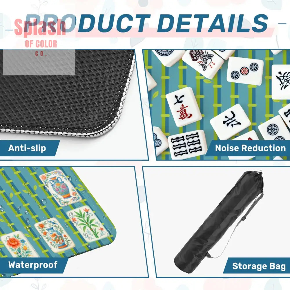 Mahjong Mat With Floral Tiles Preppy Bamboo Design Green And Blue Mahj Game Play Mat - 31.5’’x31.5’’ - Daily Accessories