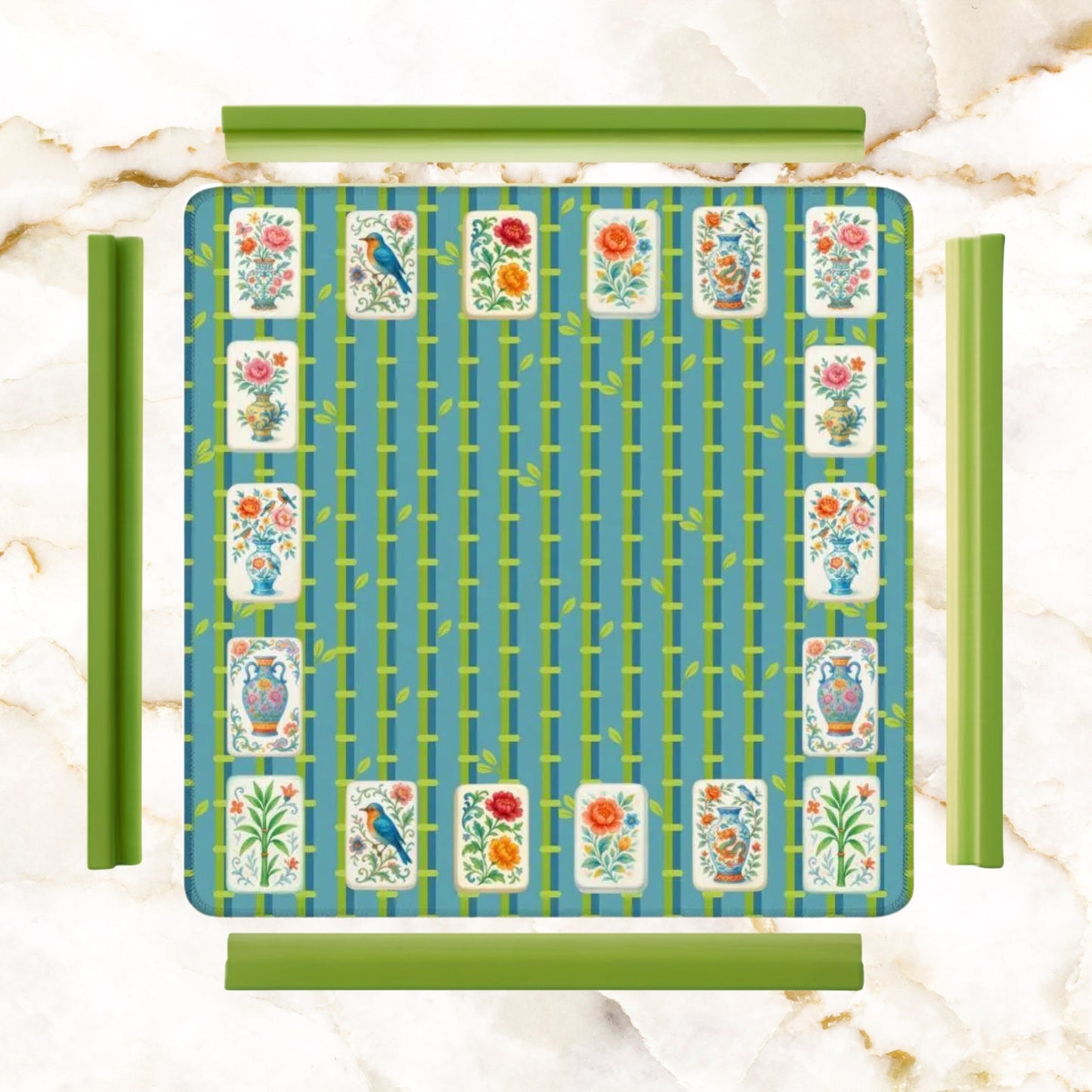 Mahjong Mat With Floral Tiles Preppy Bamboo Design Green And Blue Mahj Game Play Mat - 31.5’’x31.5’’ - Daily Accessories