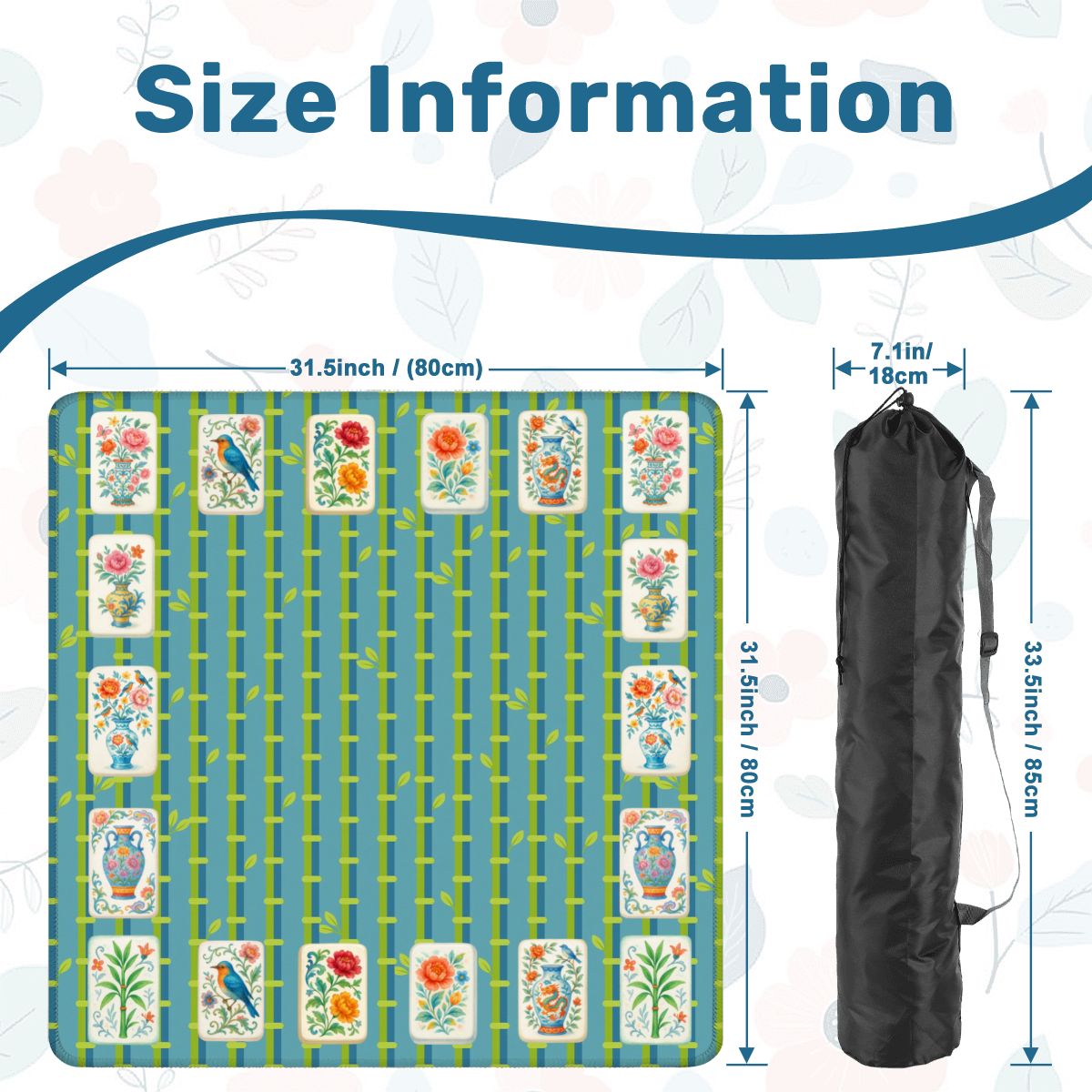 Mahjong Mat With Floral Tiles Preppy Bamboo Design Green And Blue Mahj Game Play Mat - 31.5’’x31.5’’ - Daily Accessories