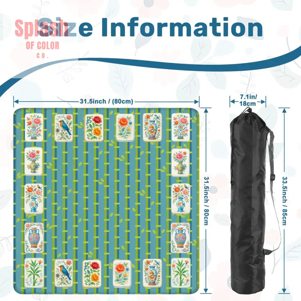 Mahjong Mat With Floral Tiles Preppy Bamboo Design Green And Blue Mahj Game Play Mat - 31.5’’x31.5’’ - Daily Accessories