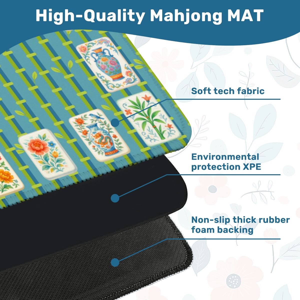 Mahjong Mat With Floral Tiles Preppy Bamboo Design Green And Blue Mahj Game Play Mat - 31.5’’x31.5’’ - Daily Accessories