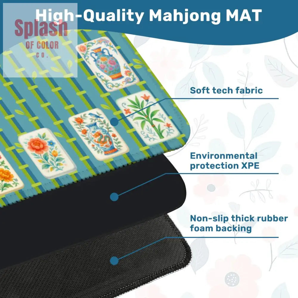 Mahjong Mat With Floral Tiles Preppy Bamboo Design Green And Blue Mahj Game Play Mat - 31.5’’x31.5’’ - Daily Accessories