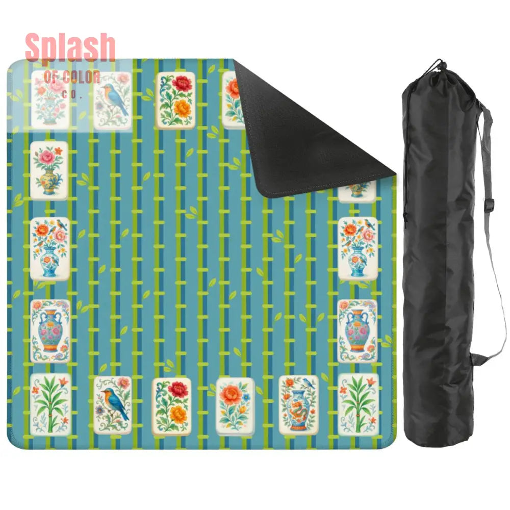 Mahjong Mat With Floral Tiles Preppy Bamboo Design Green And Blue Mahj Game Play Mat - 31.5’’x31.5’’ - Daily Accessories