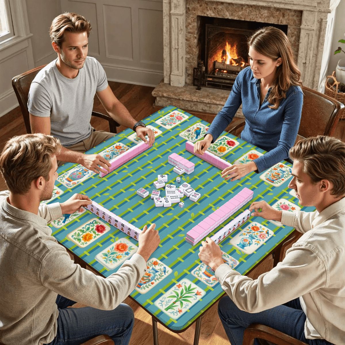 Mahjong Mat With Floral Tiles Preppy Bamboo Design Green And Blue Mahj Game Play Mat - 31.5’’x31.5’’ - Daily Accessories