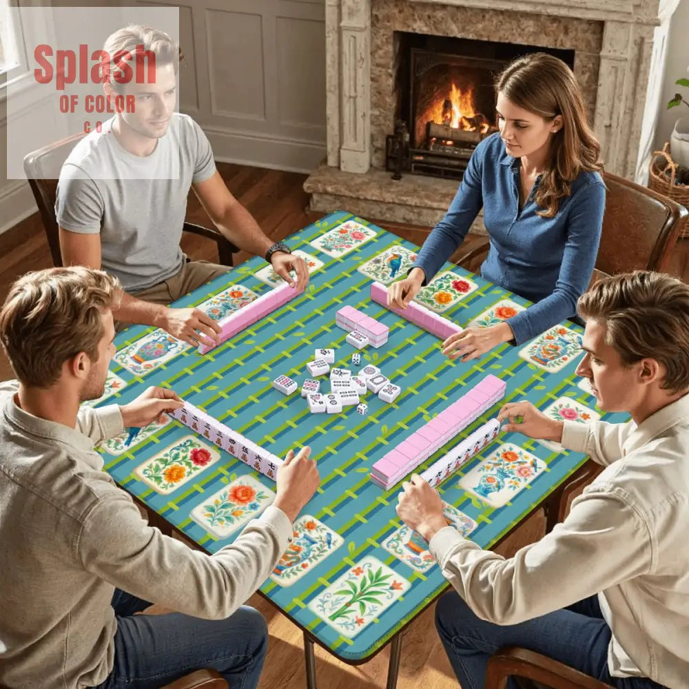 Mahjong Mat With Floral Tiles Preppy Bamboo Design Green And Blue Mahj Game Play Mat - 31.5’’x31.5’’ - Daily Accessories