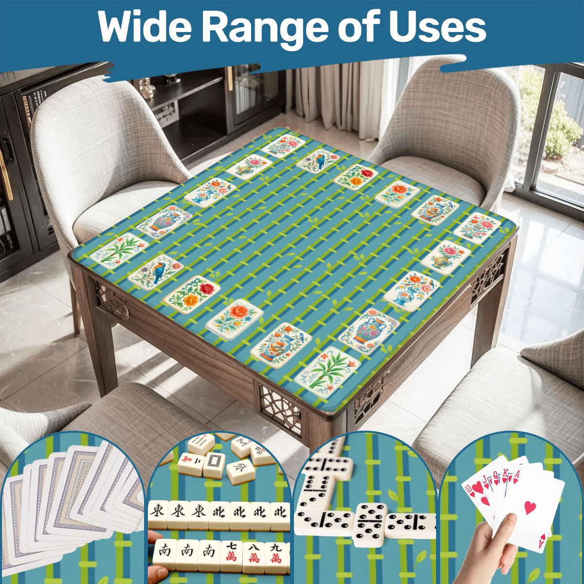 Mahjong Mat With Floral Tiles Preppy Bamboo Design Green And Blue Mahj Game Play Mat - 31.5’’x31.5’’ - Daily Accessories