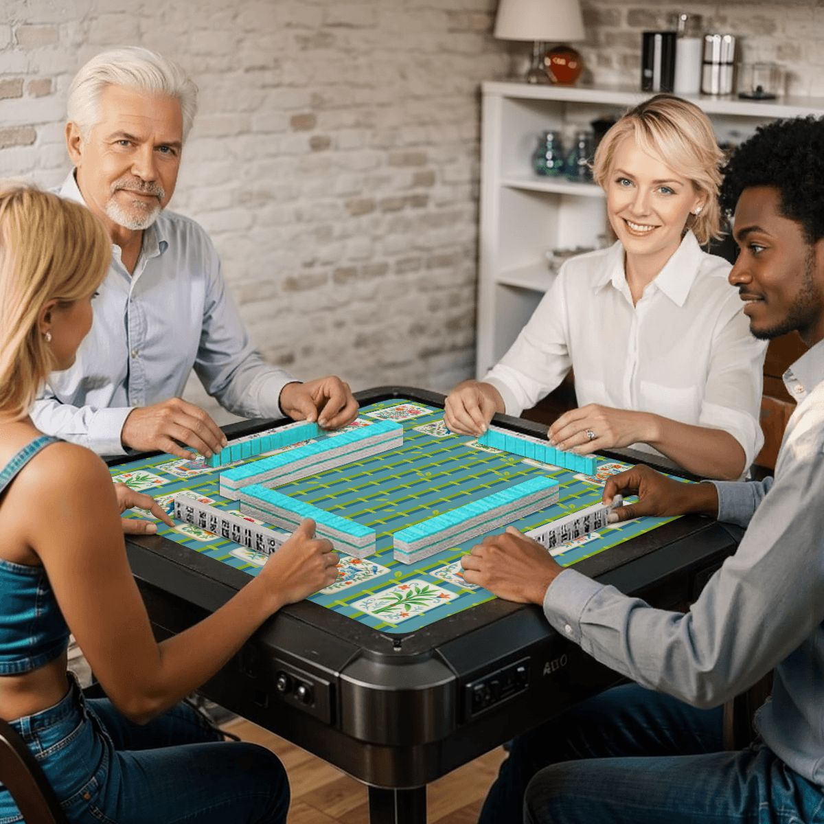 Mahjong Mat With Floral Tiles Preppy Bamboo Design Green And Blue Mahj Game Play Mat - 31.5’’x31.5’’ - Daily Accessories