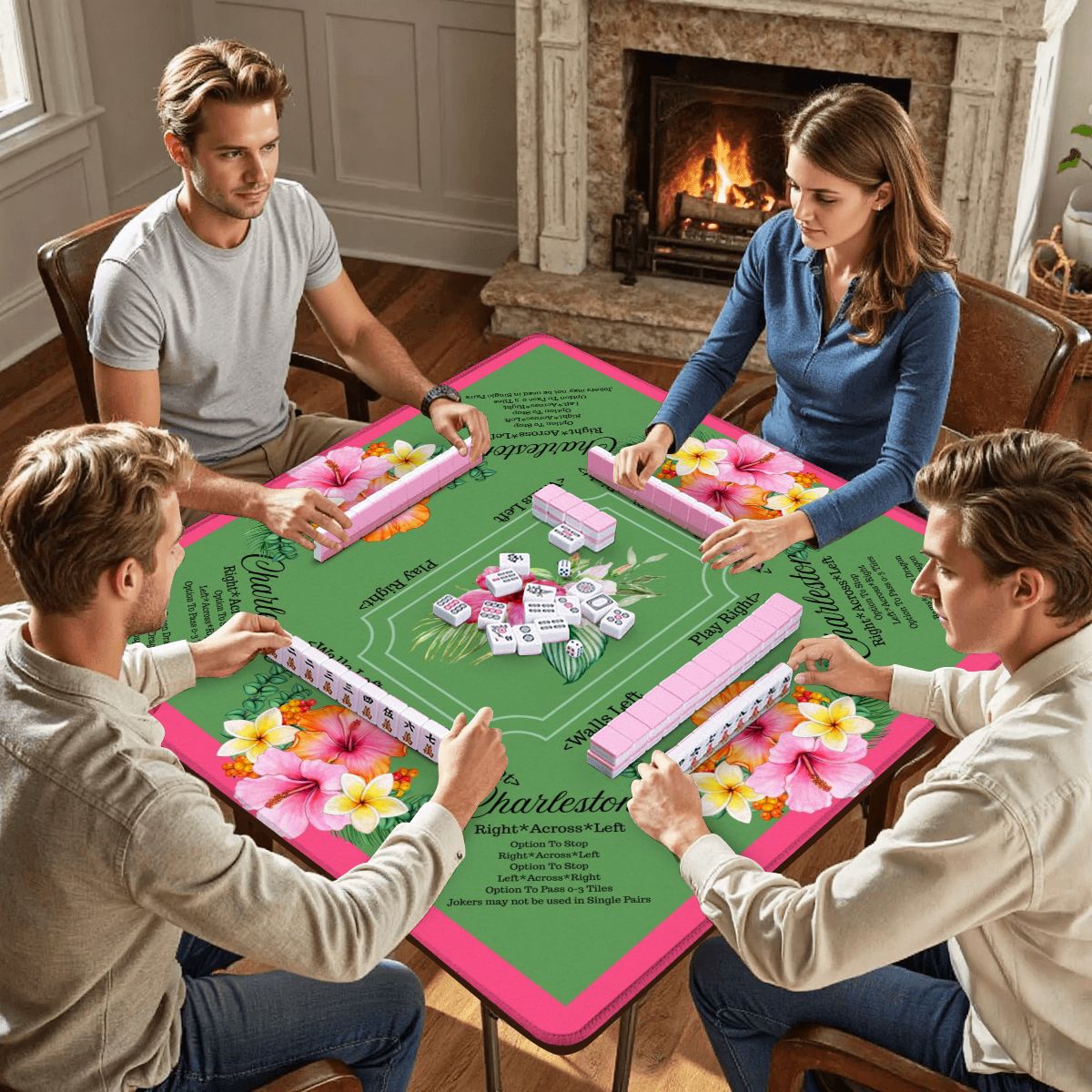 Mahjong Mat With Instructions Preppy Pink Green Charleston Tropical Mahjong Game Mat - 31.5’’x31.5’’ - Daily Accessories