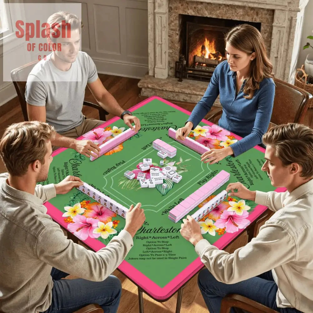 Mahjong Mat With Instructions Preppy Pink Green Charleston Tropical Mahjong Game Mat - 31.5’’x31.5’’ - Daily Accessories