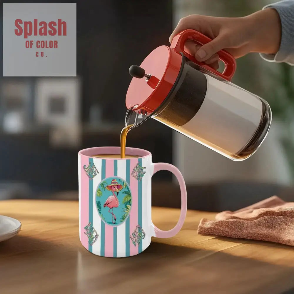Mahjong Mug Gift Tropical Flamingo Pink Teal Preppy Striped Mahj Mug Gift Drinkware
