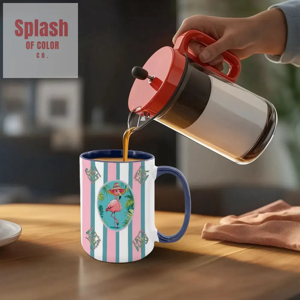 Mahjong Mug Gift Tropical Flamingo Pink Teal Preppy Striped Mahj Mug Gift Drinkware