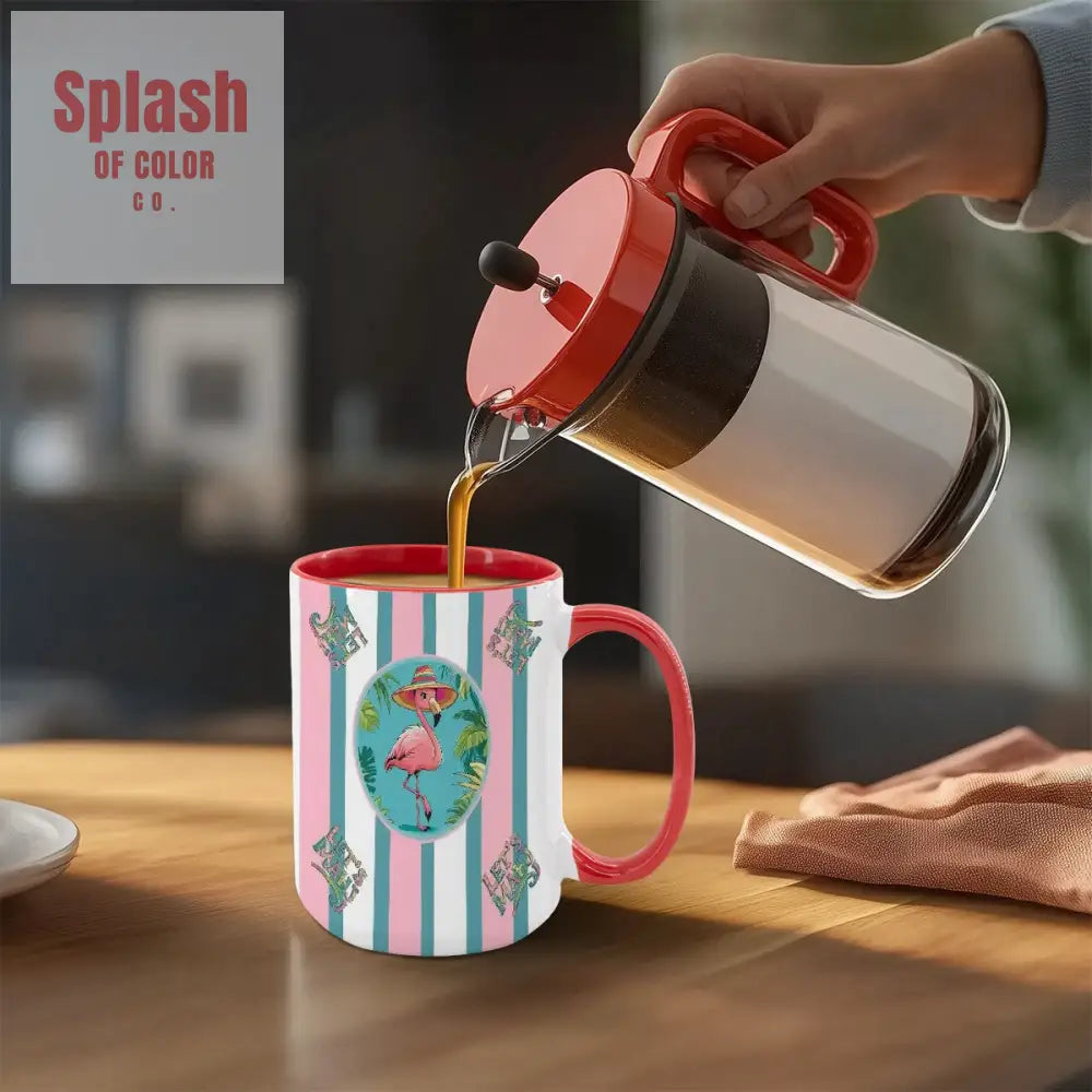 Mahjong Mug Gift Tropical Flamingo Pink Teal Preppy Striped Mahj Mug Gift Drinkware