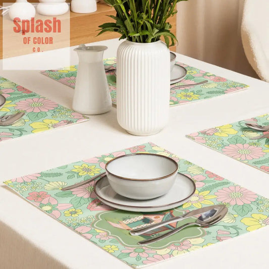 Mahjong Placemat Set Floral Green, Pink Preppy Mahj Table Setting - Splash of Color co.
