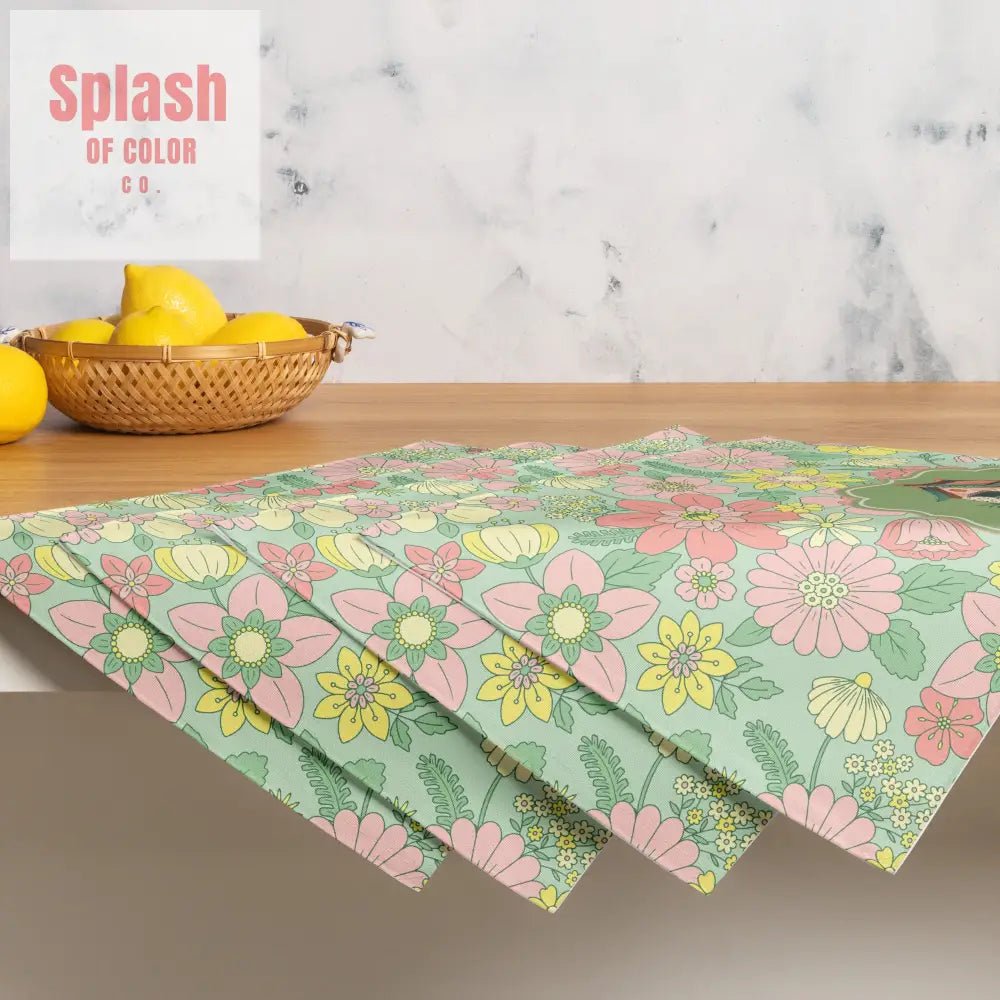 Mahjong Placemat Set Floral Green, Pink Preppy Mahj Table Setting - Splash of Color co.