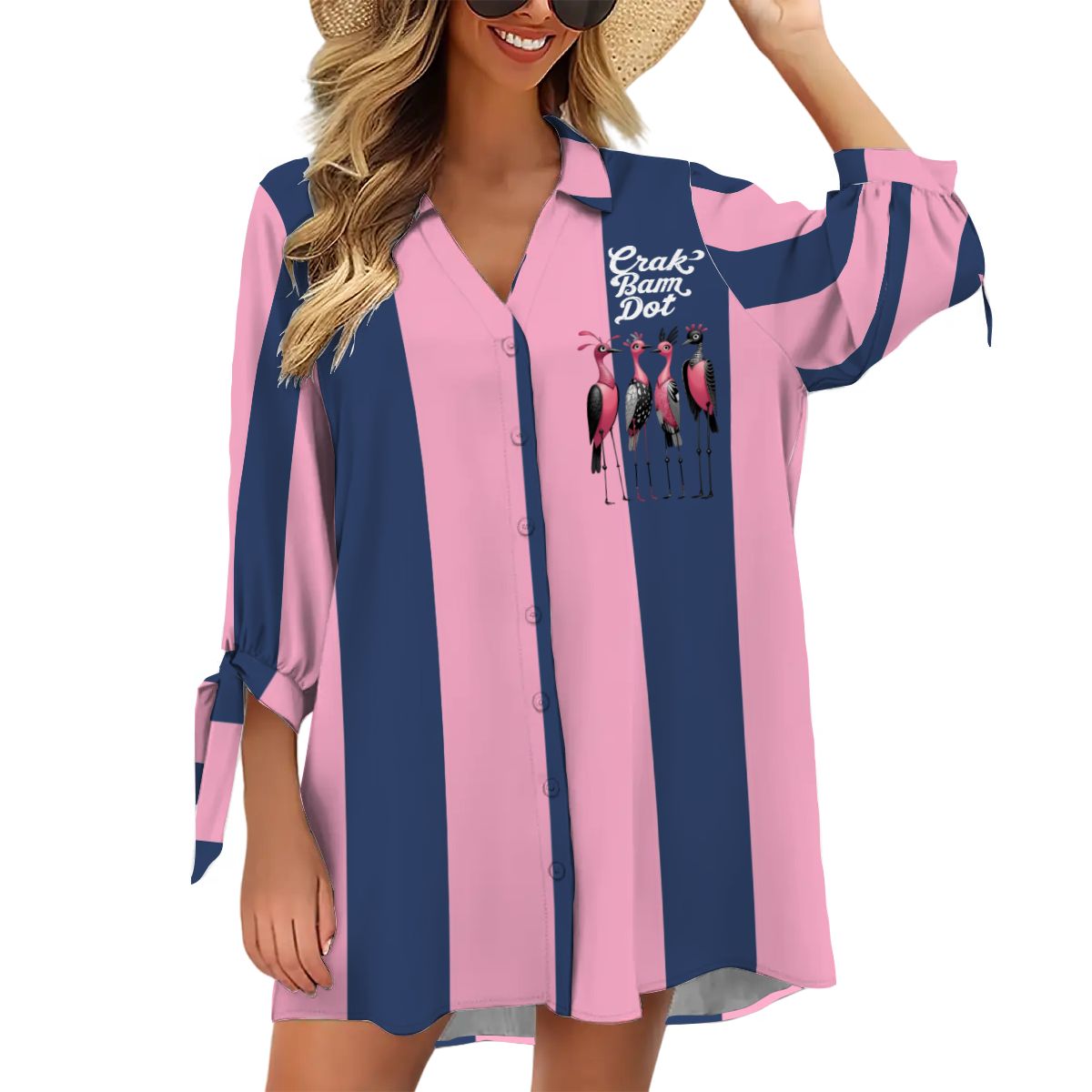 Mahjong Preppy Pink Blue Striped Mahj Game Nigh Women’s Cardigan Shirt Three-Quarter Sleeve - XS - Women’s T-shirts