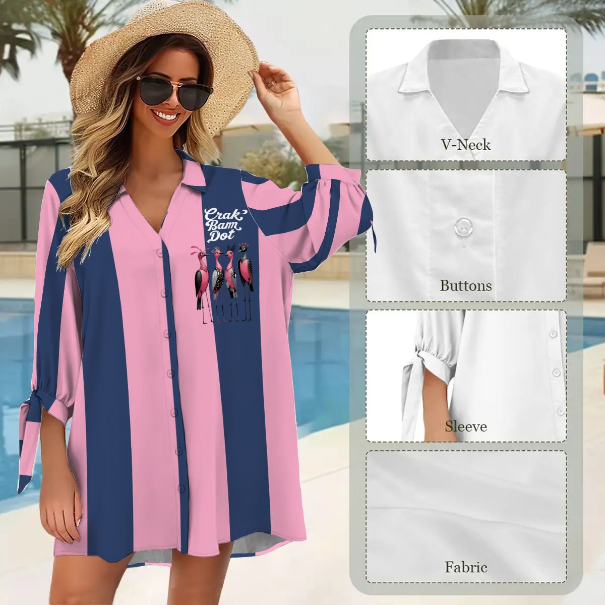 Mahjong Preppy Pink Blue Striped Mahj Game Nigh Women’s Cardigan Shirt Three-Quarter Sleeve - Women’s T-shirts