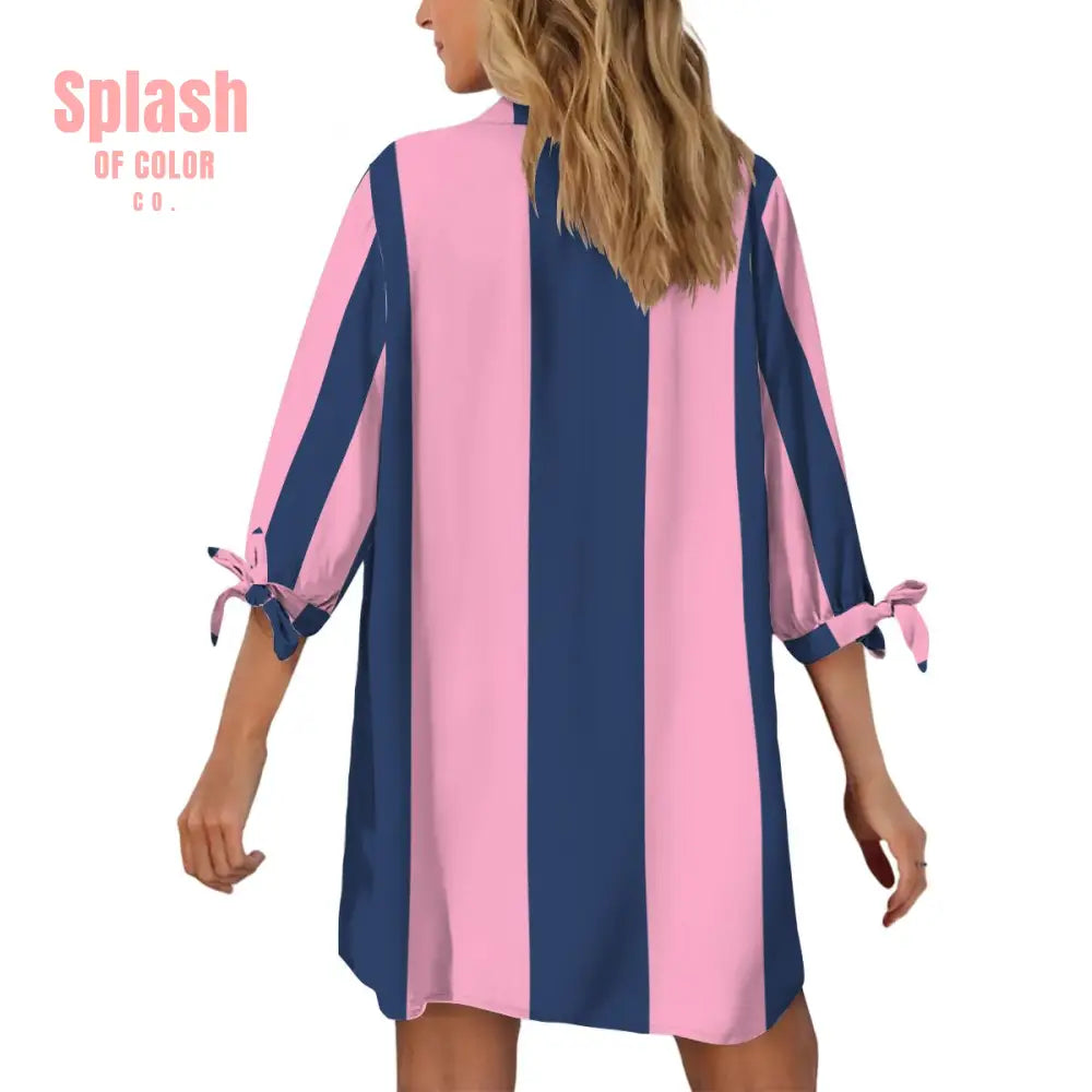 Mahjong Preppy Pink Blue Striped Mahj Game Nigh Women’s Cardigan Shirt Three-Quarter Sleeve - Women’s T-shirts
