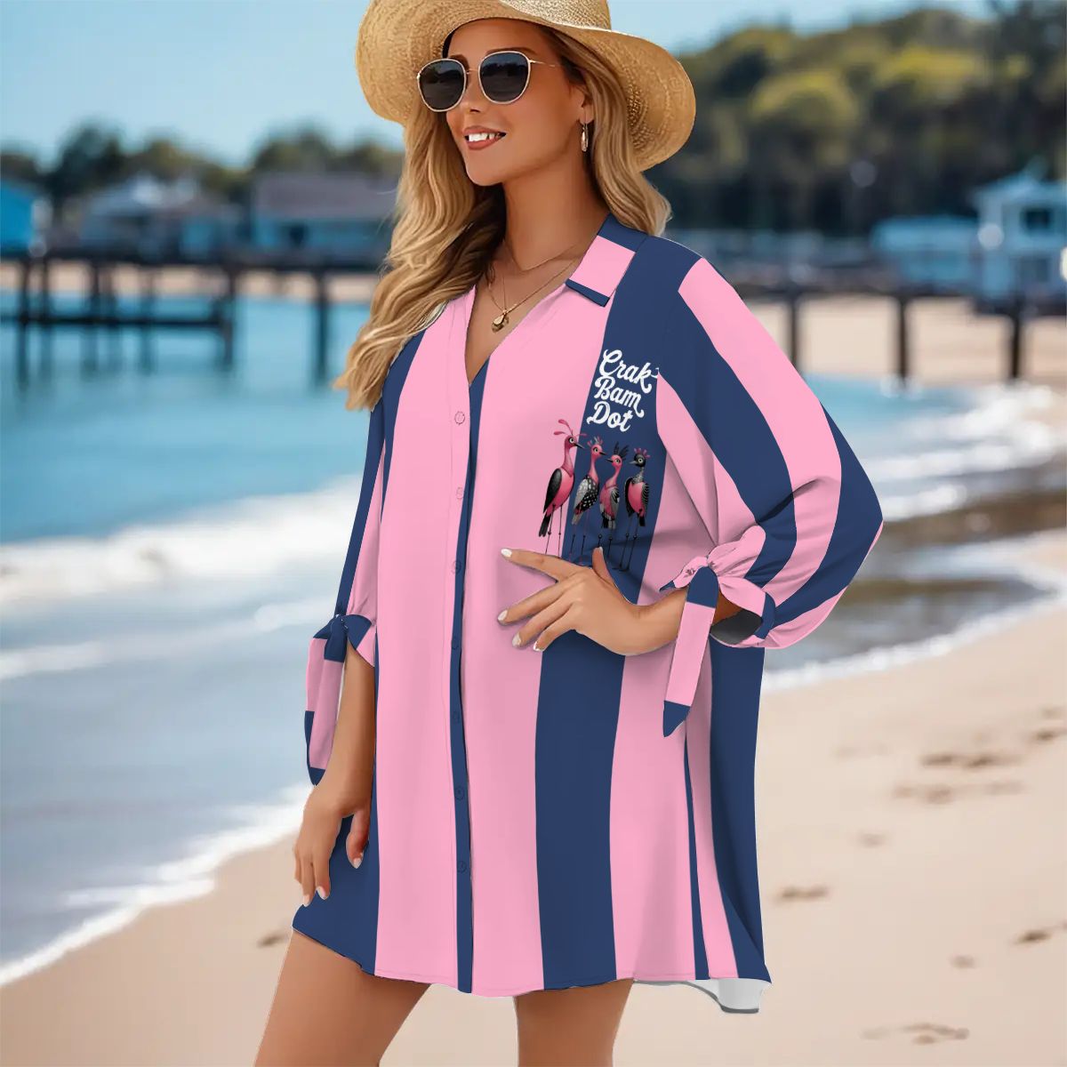 Mahjong Preppy Pink Blue Striped Mahj Game Nigh Women’s Cardigan Shirt Three-Quarter Sleeve - Women’s T-shirts