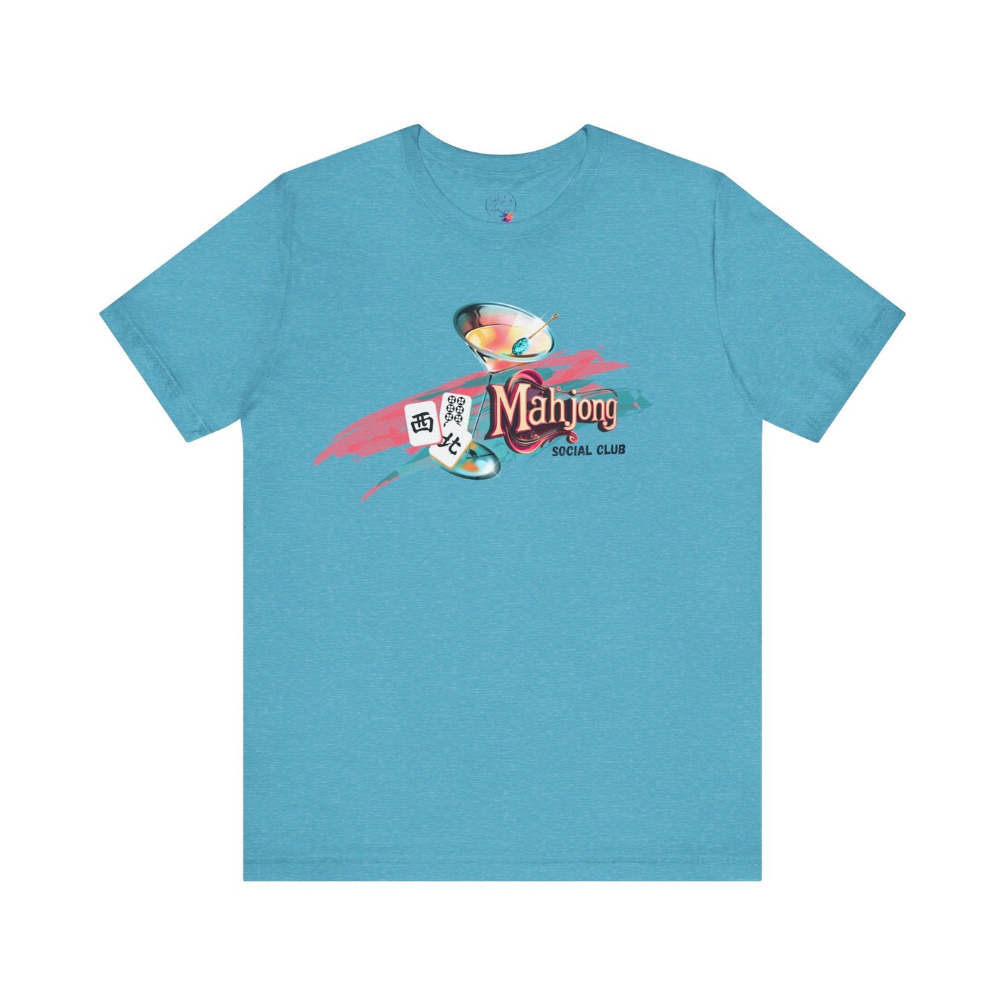 Mahjong Social Club Modern Mahjong Lover’s Shirt MAHJ Gift for Gamers Fun T-shirt Relaxed Fit Clothing - Heather Aqua