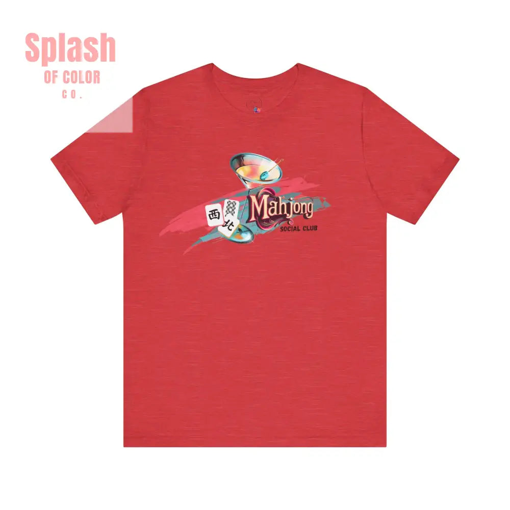 Mahjong Social Club Modern Mahjong Lover’s Shirt MAHJ Gift for Gamers Fun T-shirt Relaxed Fit Clothing - Heather Red