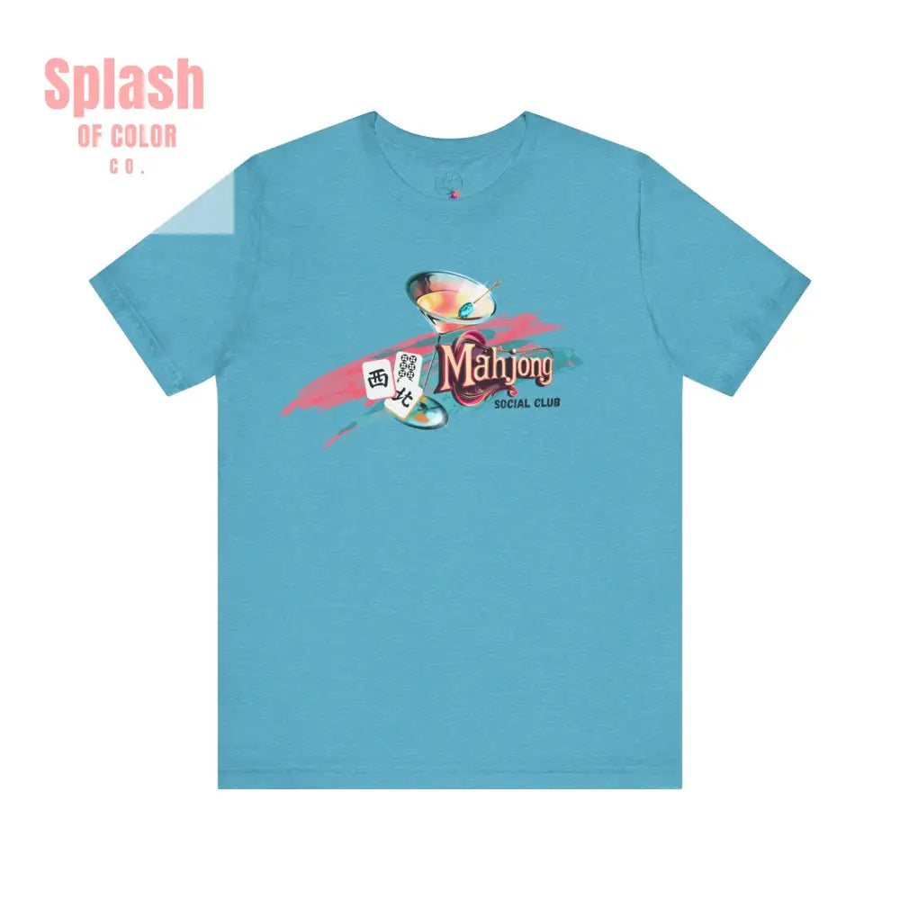 Mahjong Social Club Modern Mahjong Lover’s Shirt MAHJ Gift for Gamers Fun T-shirt Relaxed Fit Clothing - Heather Aqua