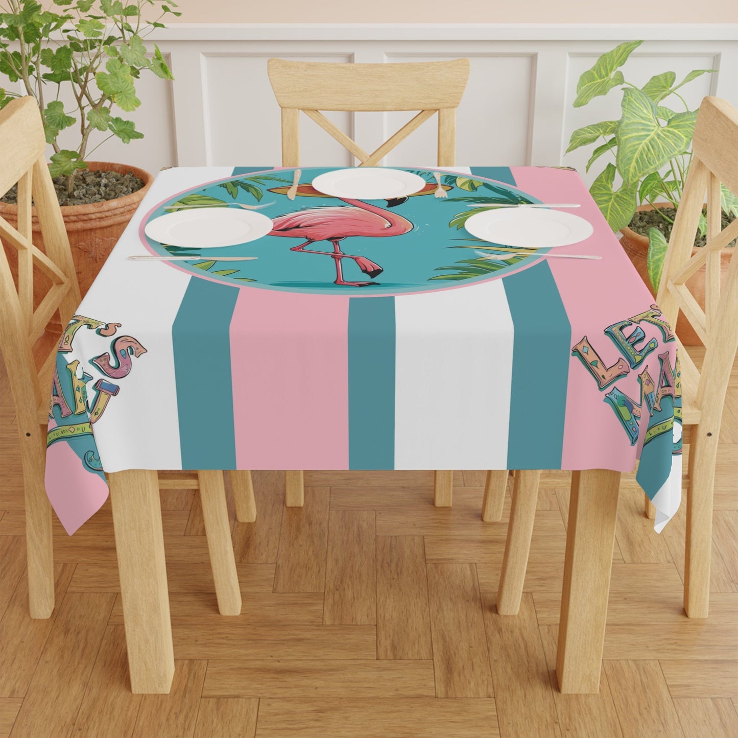 Mahjong Tablecloth For Mahj Table Game Night Tropical Flamingo Tablecloth Let’s Mahj Whimsical Tablecloth Pink Teal