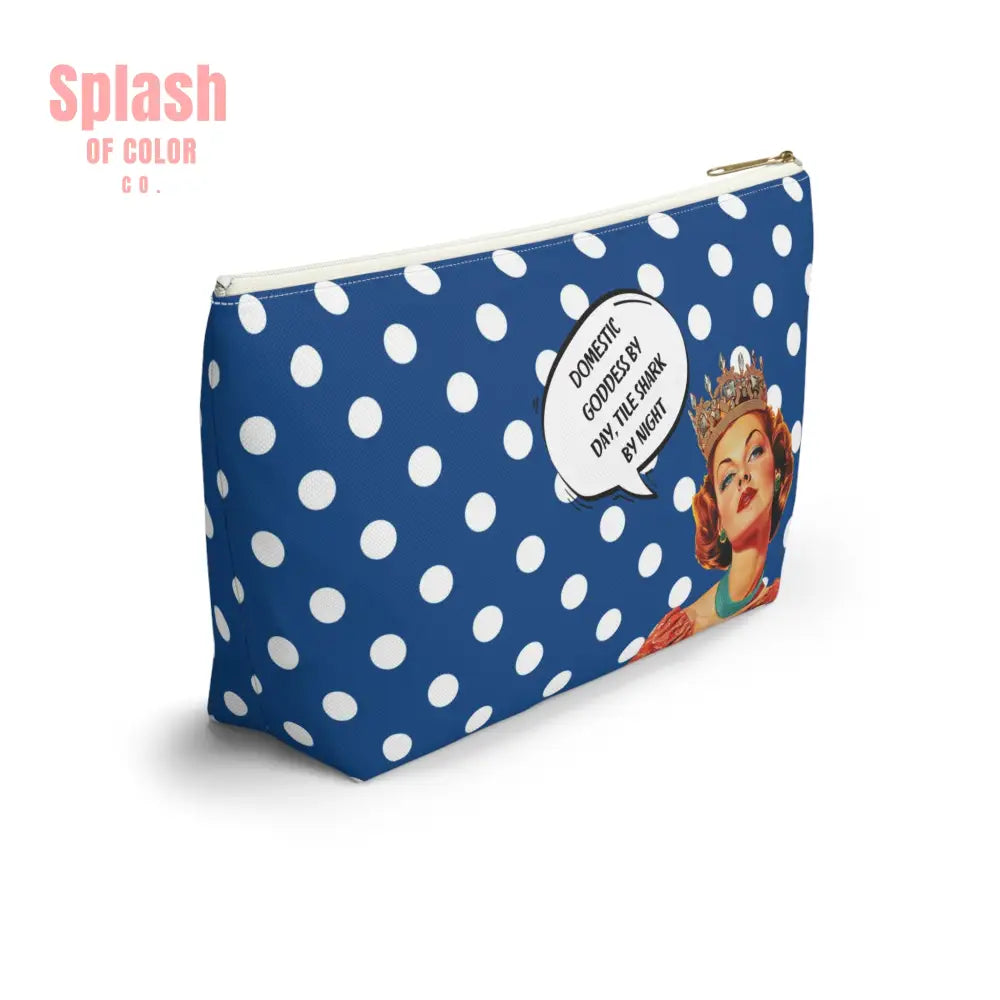 Mahjong Tile Accessory Pouch Blue White Polka Dot T-bottom Bag for Mahj Lover Gifts Funny Quotes Vintage Style Zipper