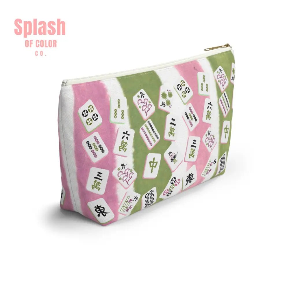 Mahjong Tile Pouch Mahj Lover Gift Cosmetic Bag Pastel Pink Green Striped With Mahjong Tiles Bags