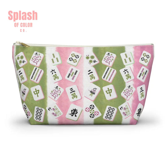 Mahjong Tile Pouch Mahj Lover Gift Cosmetic Bag Pastel Pink Green Striped With Mahjong Tiles Large / White zipper Bags