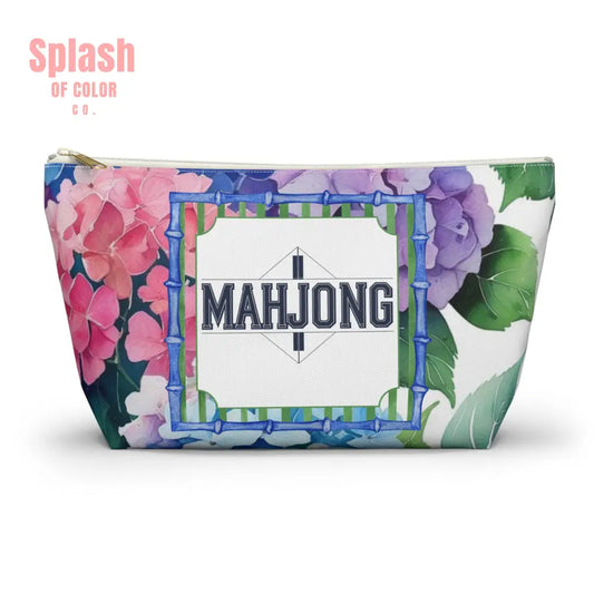 Mahjong Tile Pouch Pretty Floral Hydrangea Zippered Pouch Mahj Gift - Large / White zipper - Bags