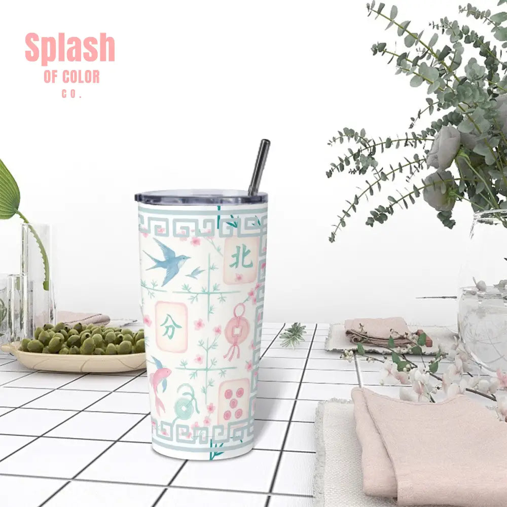 Mahjong Tile Tumbler Pastel Blue Pink Stainless Steel Insulated Tumblers with Lid & Straw One Size Drinkware